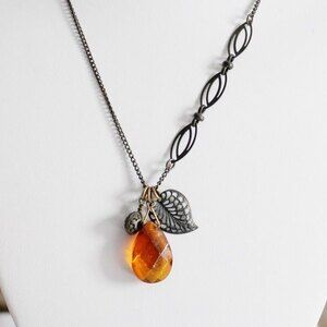 Faceted Rhinestone Leaf Charm Pendant Necklace Orange Antiqued Gold Tone